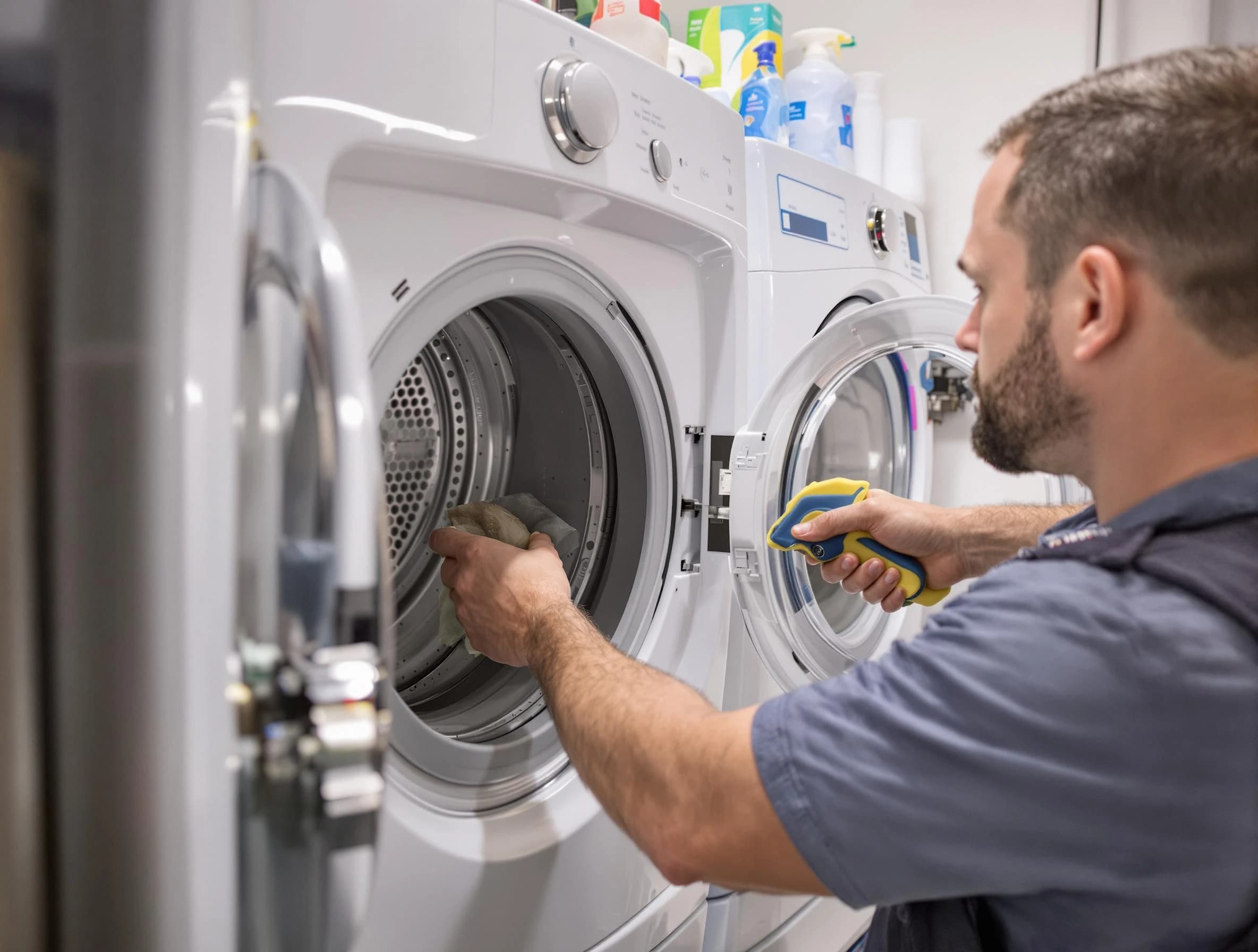 Peoria Dryer Vent Cleaning specialist removing lint buildup from a dryer lint trap system in Peoria