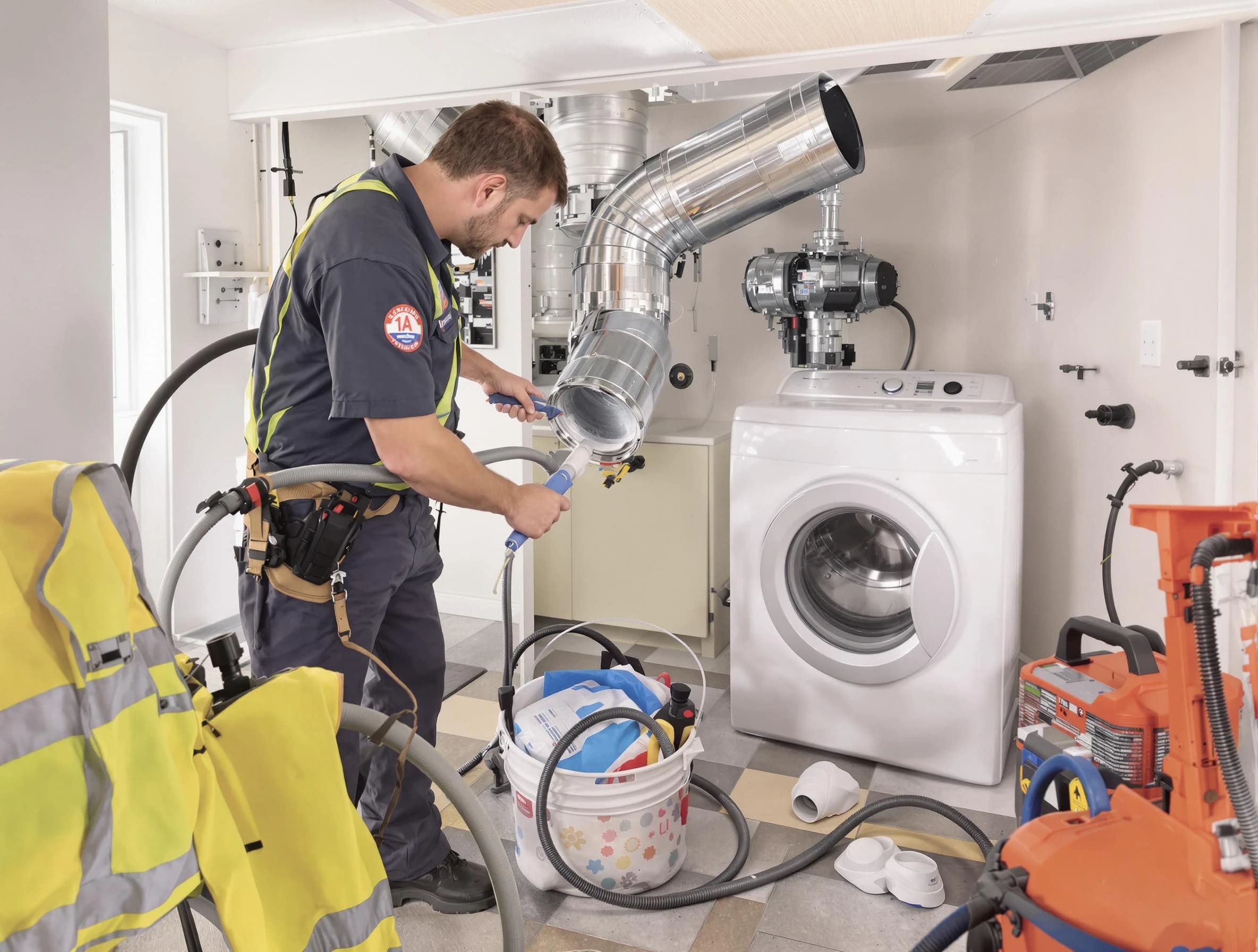 Peoria Dryer Vent Cleaning technician using specialized equipment to clear severe dryer vent blockage in Peoria