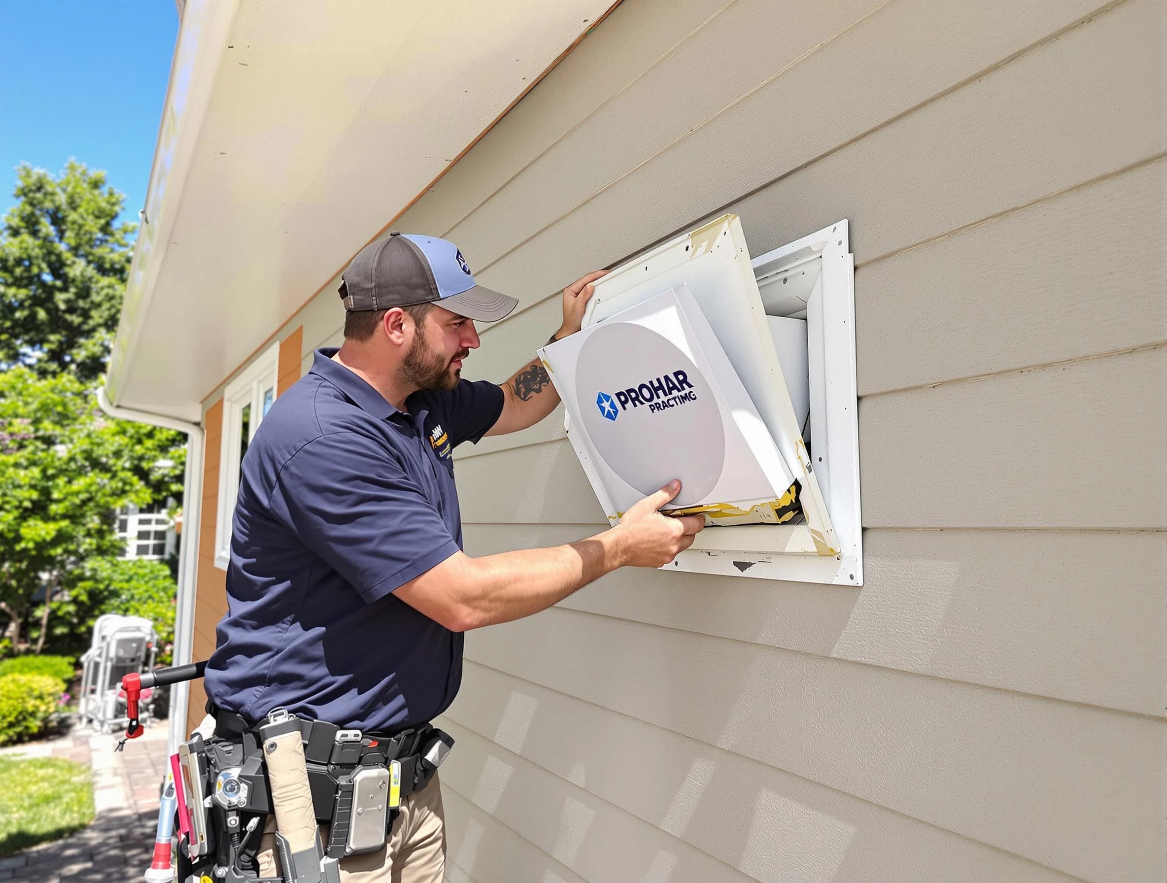 Peoria Dryer Vent Cleaning technician installing a new protective dryer vent cover on a home in Peoria