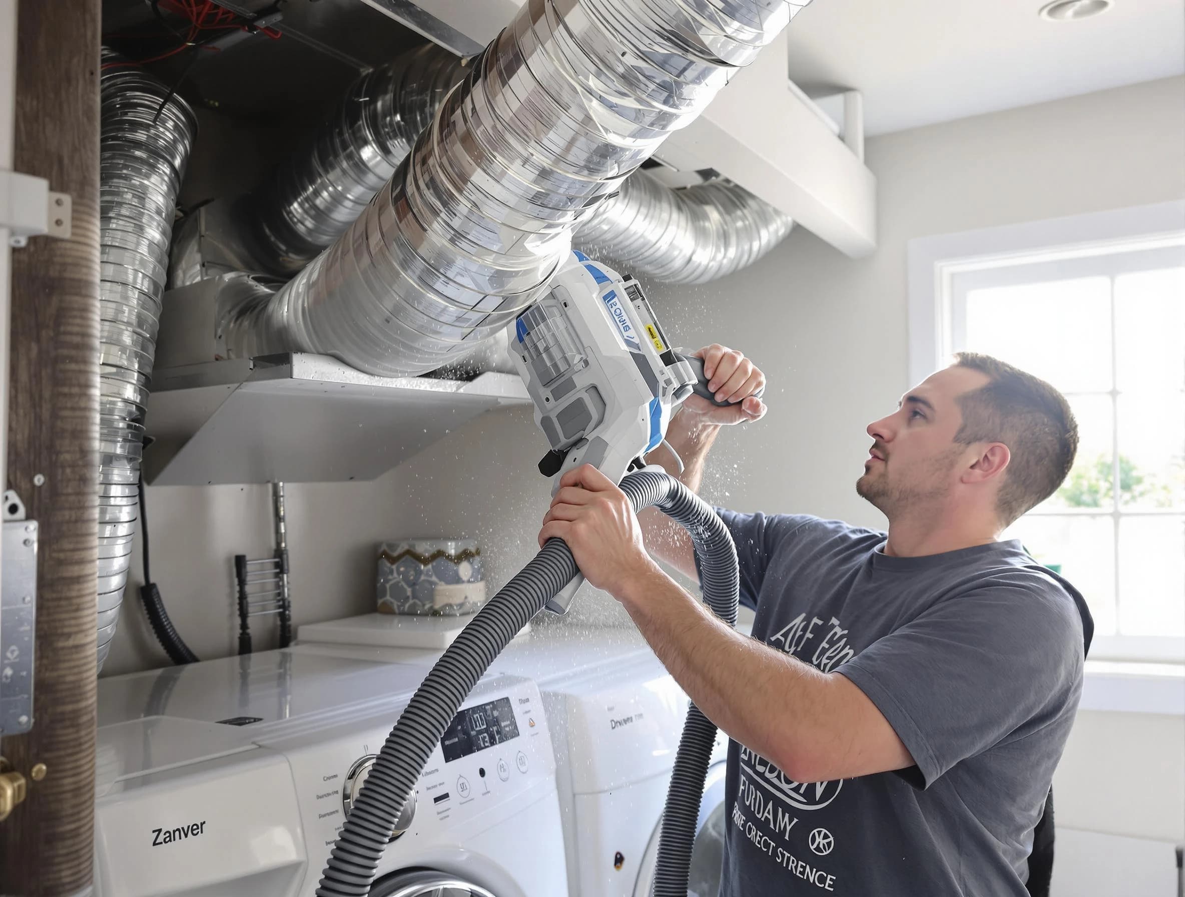 Peoria Dryer Vent Cleaning specialist cleaning deep within a dryer vent duct system in Peoria