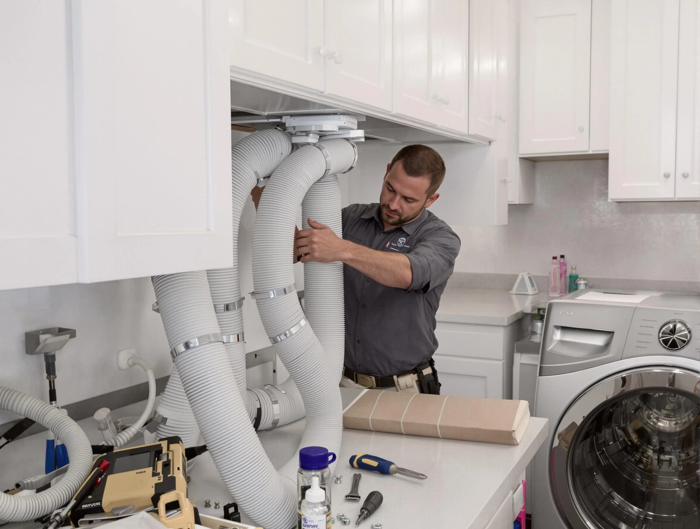 Peoria Dryer Vent Cleaning technician installing a new professional-grade dryer vent hose in Peoria