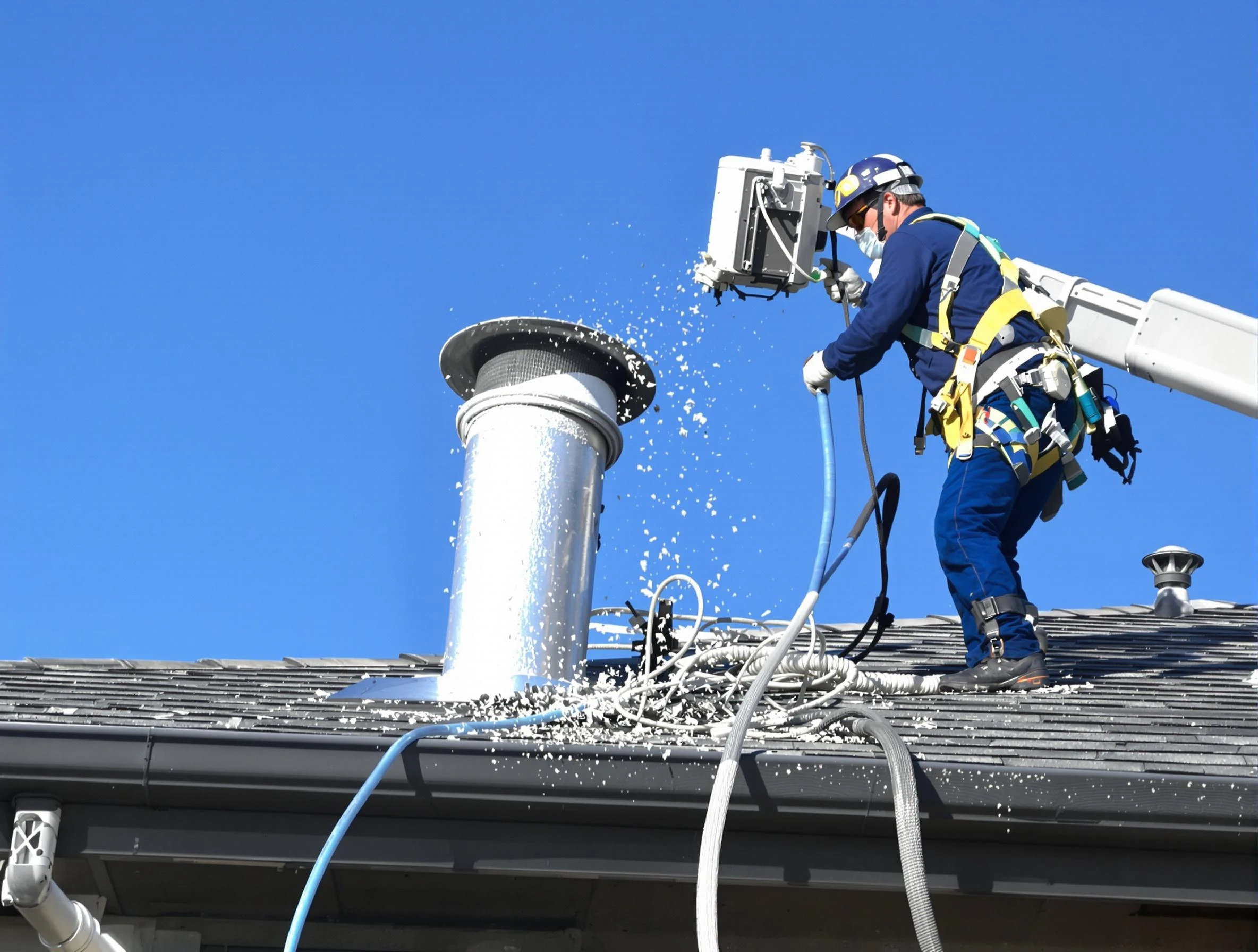 Peoria Dryer Vent Cleaning certified technician safely cleaning a roof-mounted dryer vent in Peoria