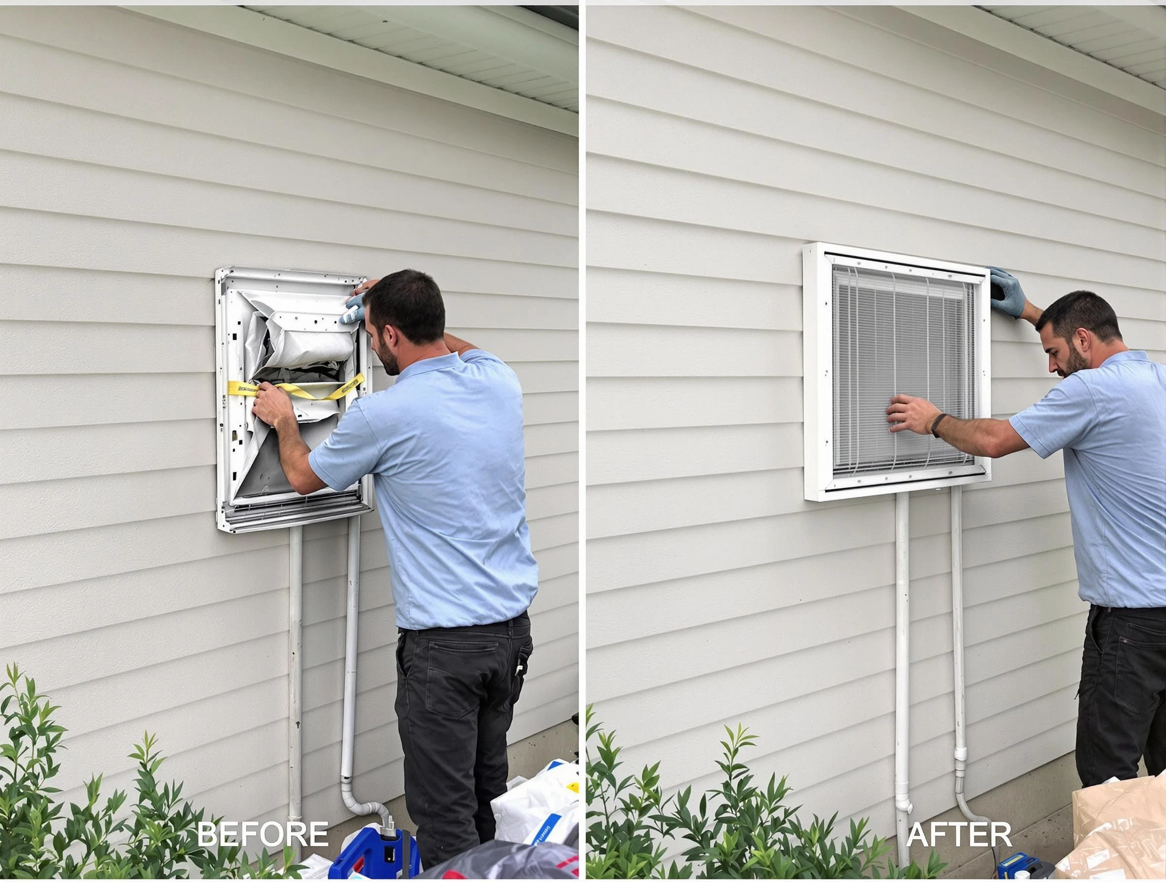 Peoria Dryer Vent Cleaning technician installing high-quality dryer vent cover at a residential property in Peoria